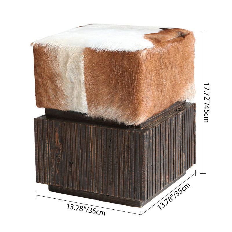 Traditional Chinese Teak Wood & Goatskin Shoe Stool - Square Handcrafted Chair For Living Room Lumendat