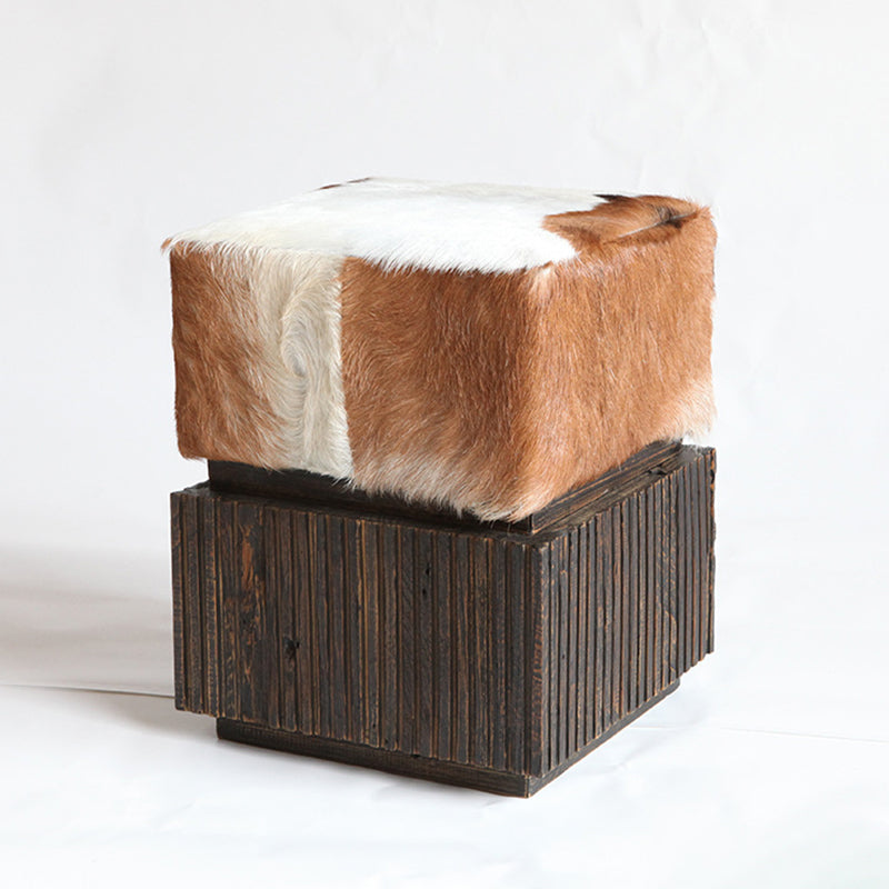 Traditional Chinese Teak Wood & Goatskin Shoe Stool - Square Handcrafted Chair For Living Room Lumendat