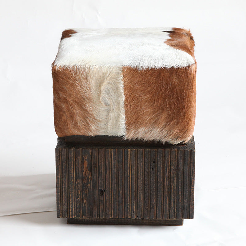 Traditional Chinese Teak Wood & Goatskin Shoe Stool - Square Handcrafted Chair For Living Room Lumendat
