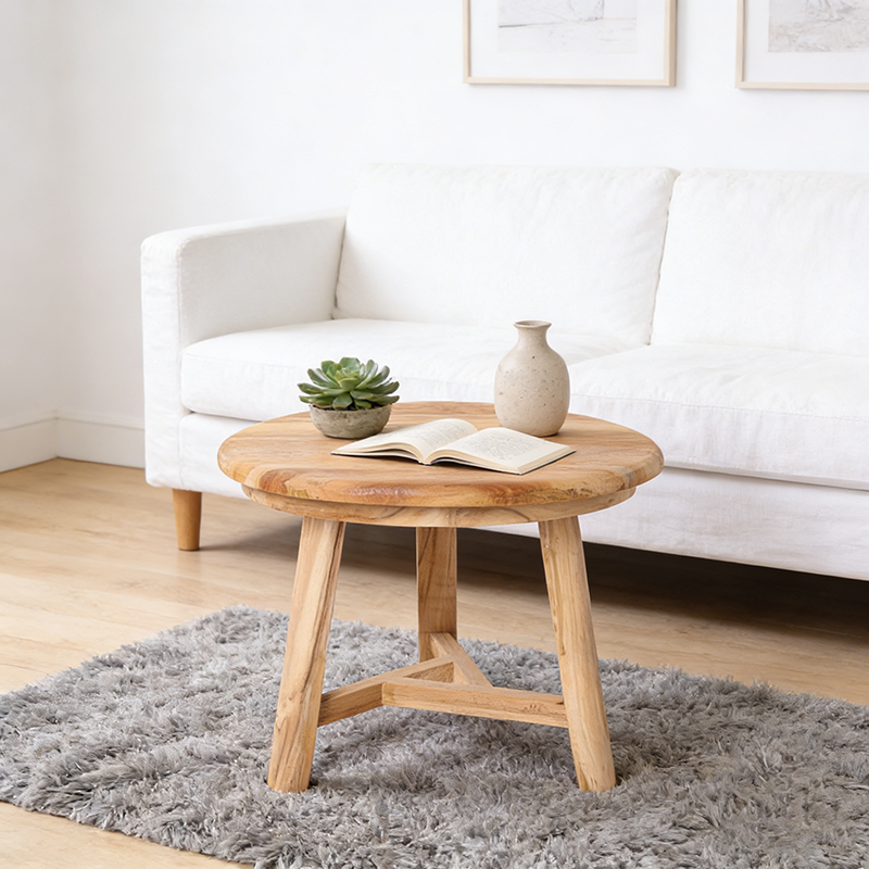 Traditional Japanese Teak Wood Side Table - Low Round Accent Table For Living Room Lumendat