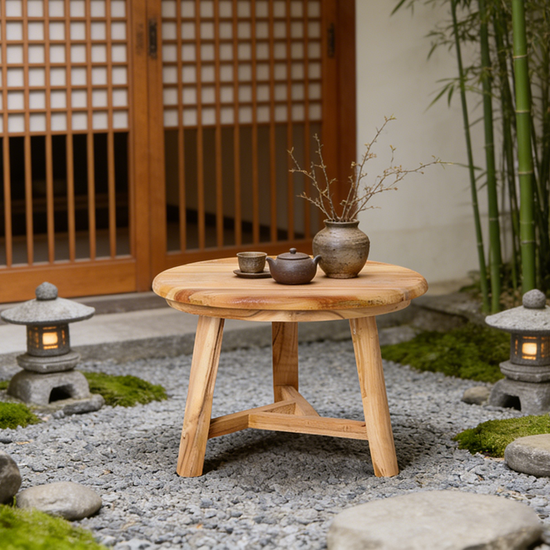 Traditional Japanese Teak Wood Side Table - Low Round Accent Table For Living Room Lumendat