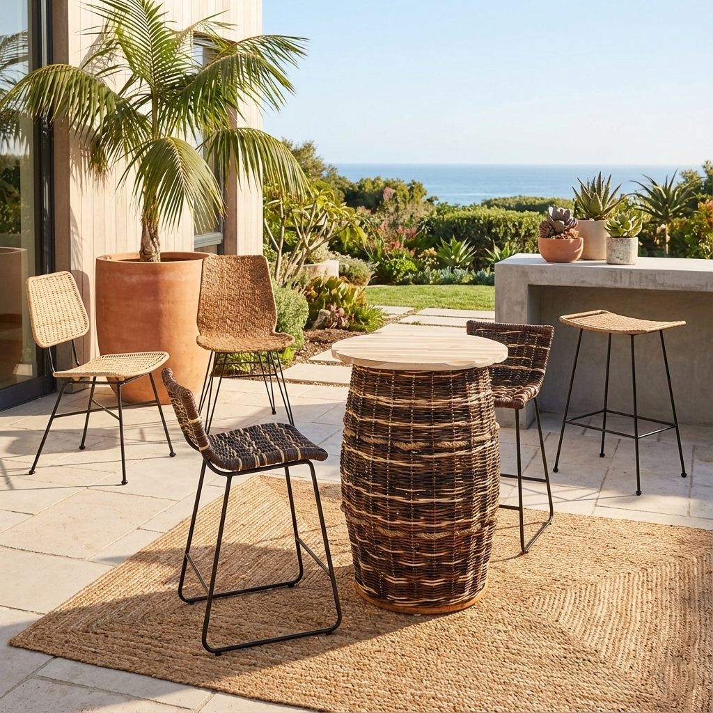 Rustic Teak & Rattan Weaving Bar Table - Dual-Material Durability & Natural Charm Table For Dining Room & Kitchen Lumendat