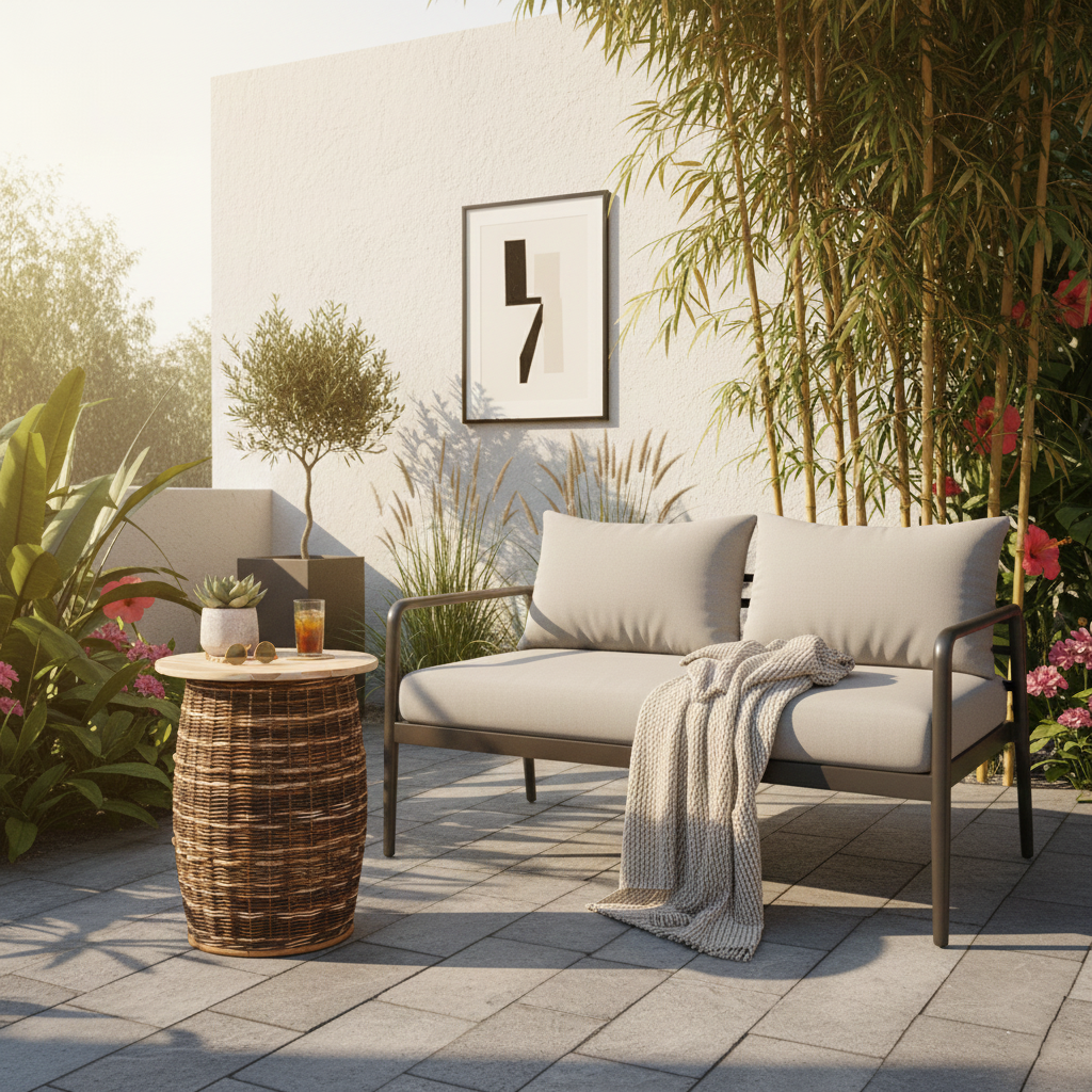 Rustic Teak & Rattan Weaving Bar Table - Dual-Material Durability & Natural Charm Table For Dining Room & Kitchen Lumendat