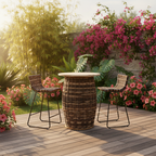 Rustic Teak & Rattan Weaving Bar Table - Dual-Material Durability & Natural Charm Table For Dining Room & Kitchen Lumendat