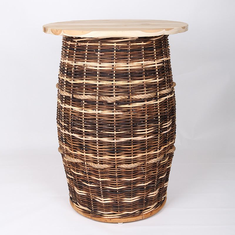 Rustic Teak & Rattan Weaving Bar Table - Dual-Material Durability & Natural Charm Table For Dining Room & Kitchen Lumendat