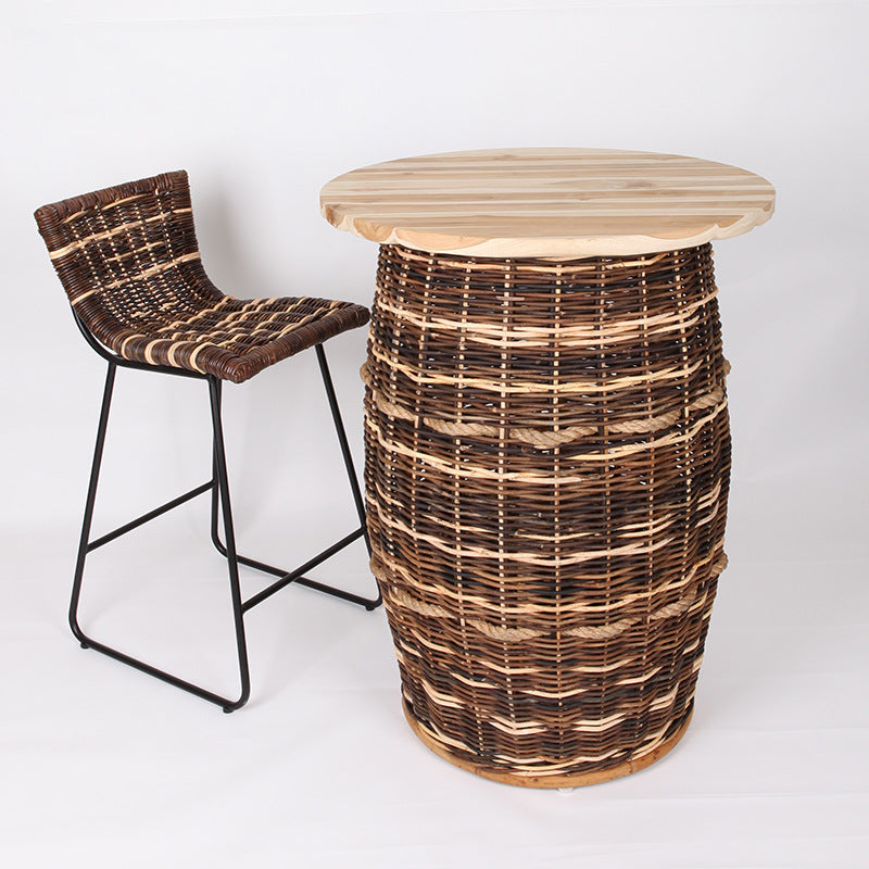 Rustic Teak & Rattan Weaving Bar Table - Dual-Material Durability & Natural Charm Table For Dining Room & Kitchen Lumendat