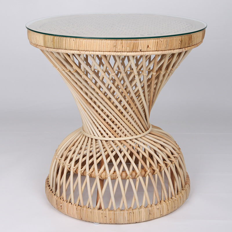 Traditional Chinese Handwoven Indonesian Rattan Side Table - Hourglass Round End Table For Living Room Lumendat