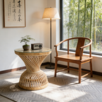 Traditional Chinese Handwoven Indonesian Rattan Side Table - Hourglass Round End Table For Living Room Lumendat