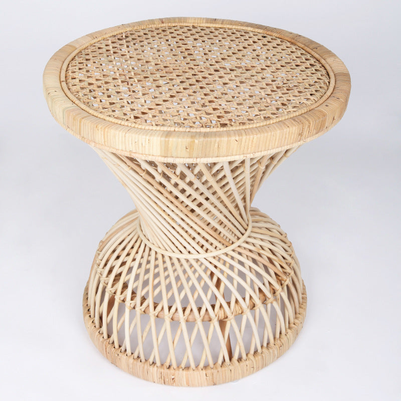 Traditional Chinese Handwoven Indonesian Rattan Side Table - Hourglass Round End Table For Living Room Lumendat