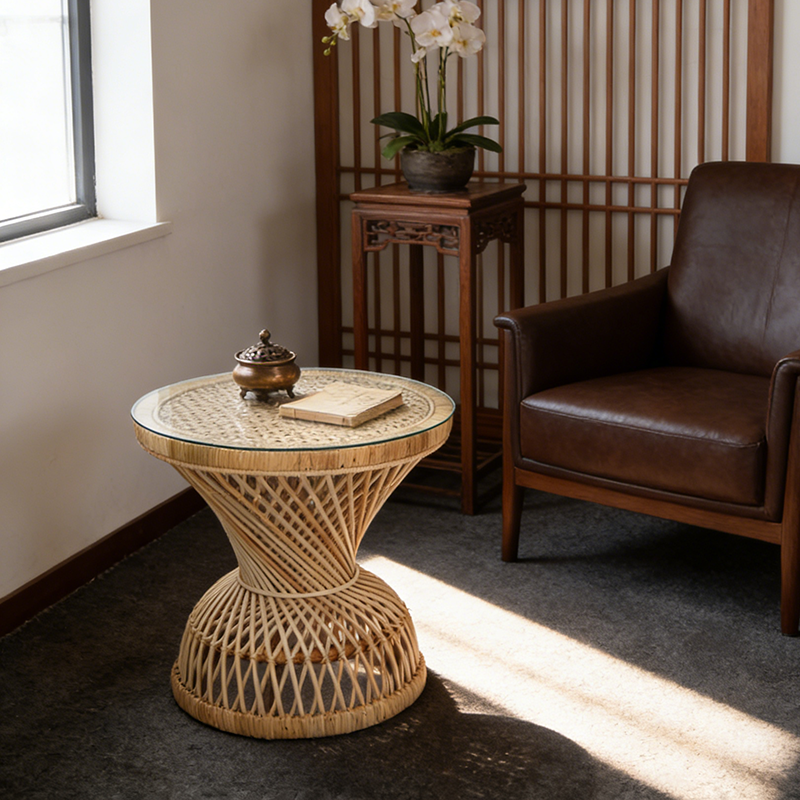 Traditional Chinese Handwoven Indonesian Rattan Side Table - Hourglass Round End Table For Living Room Lumendat