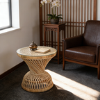 Traditional Chinese Handwoven Indonesian Rattan Side Table - Hourglass Round End Table For Living Room Lumendat