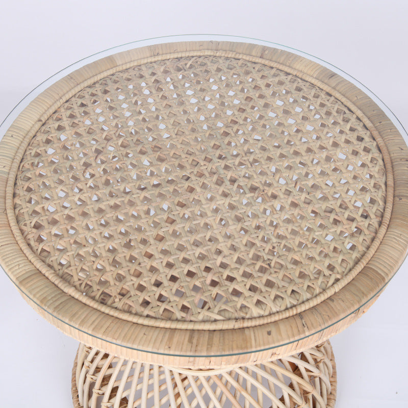Traditional Chinese Handwoven Indonesian Rattan Side Table - Hourglass Round End Table For Living Room Lumendat