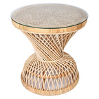 Traditional Chinese Handwoven Indonesian Rattan Side Table - Hourglass Round End Table For Living Room Lumendat