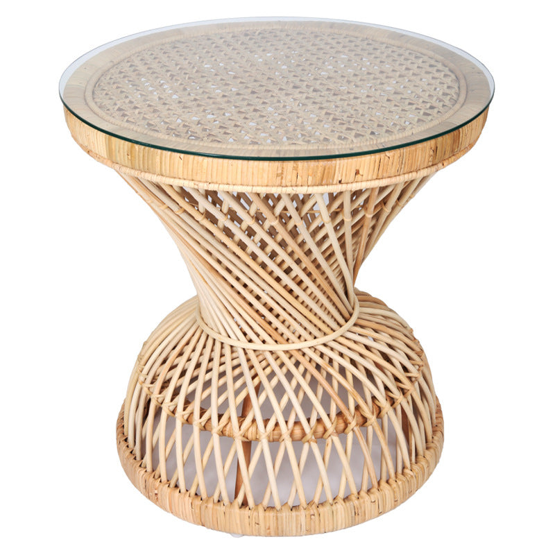 Traditional Chinese Handwoven Indonesian Rattan Side Table - Hourglass Round End Table For Living Room Lumendat