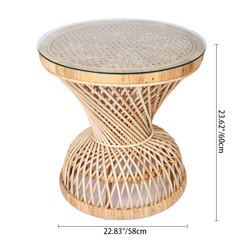 Traditional Chinese Handwoven Indonesian Rattan Side Table - Hourglass Round End Table For Living Room Lumendat