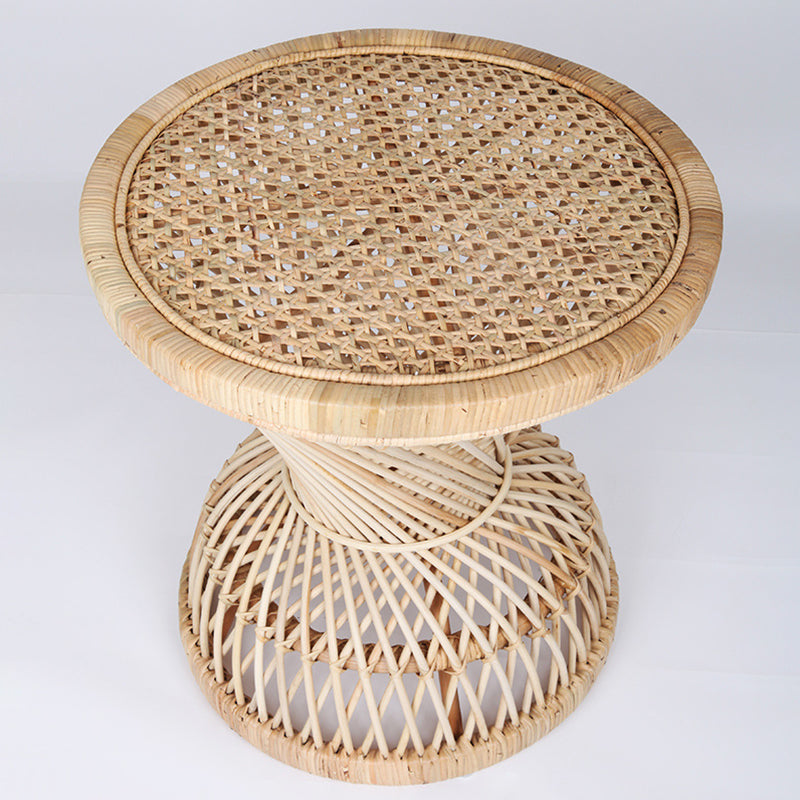 Traditional Chinese Handwoven Indonesian Rattan Side Table - Hourglass Round End Table For Living Room Lumendat