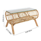 Traditional Japanese Bamboo Rattan Coffee Table With Glass Top - Elongated Profile Side Table For Living Room Lumendat