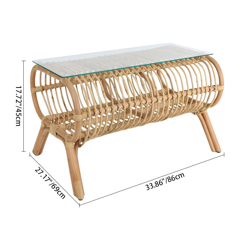 Traditional Japanese Bamboo Rattan Coffee Table With Glass Top - Elongated Profile Side Table For Living Room Lumendat