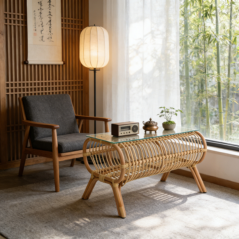 Traditional Japanese Bamboo Rattan Coffee Table With Glass Top - Elongated Profile Side Table For Living Room Lumendat