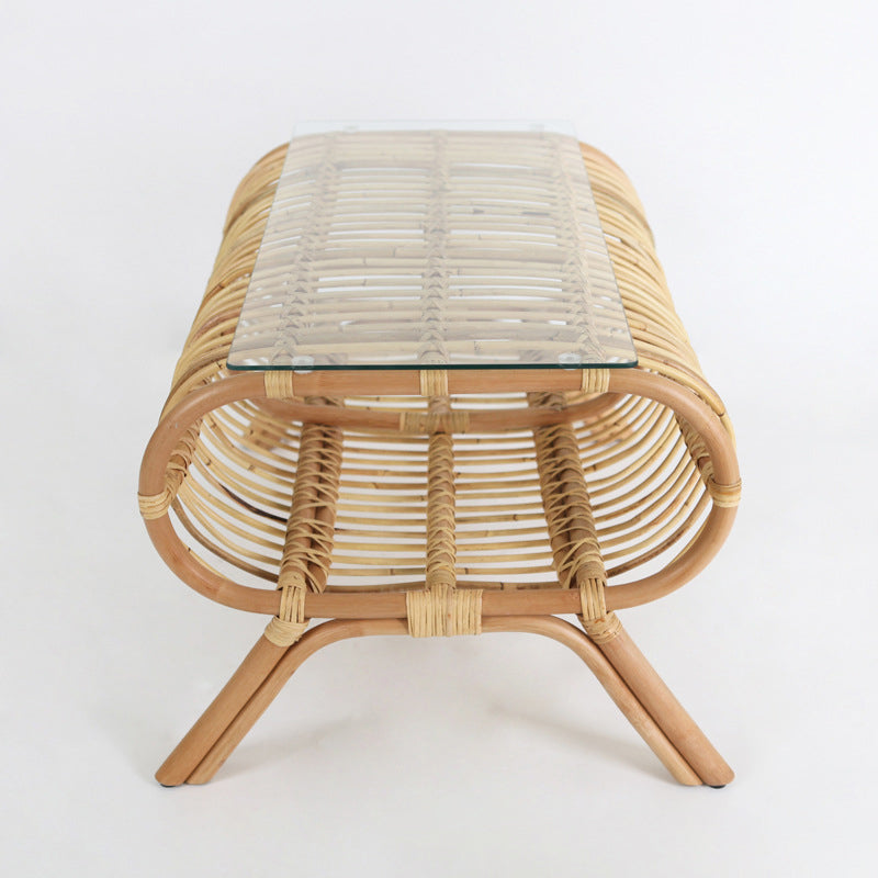 Traditional Japanese Bamboo Rattan Coffee Table With Glass Top - Elongated Profile Side Table For Living Room Lumendat