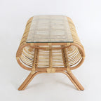 Traditional Japanese Bamboo Rattan Coffee Table With Glass Top - Elongated Profile Side Table For Living Room Lumendat