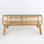 Traditional Japanese Bamboo Rattan Coffee Table With Glass Top - Elongated Profile Side Table For Living Room Lumendat