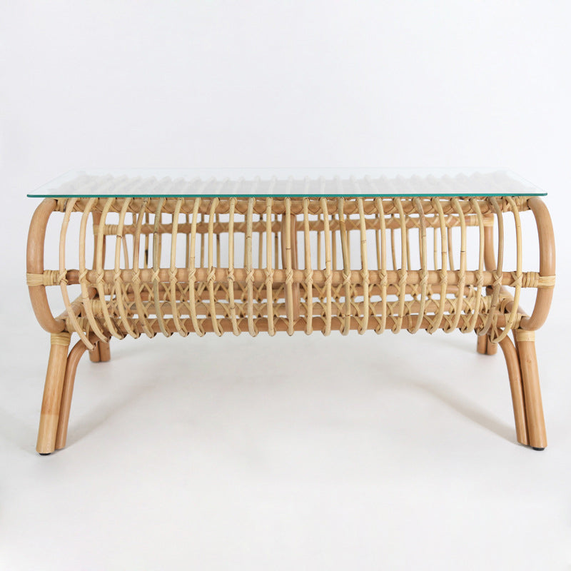 Traditional Japanese Bamboo Rattan Coffee Table With Glass Top - Elongated Profile Side Table For Living Room Lumendat