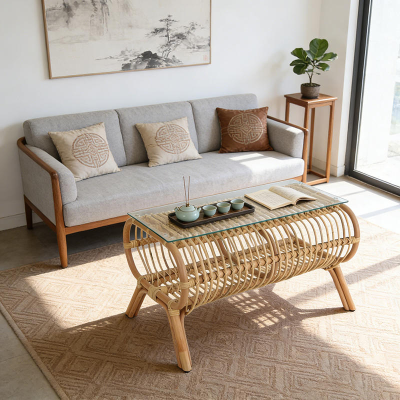 Traditional Japanese Bamboo Rattan Coffee Table With Glass Top - Elongated Profile Side Table For Living Room Lumendat