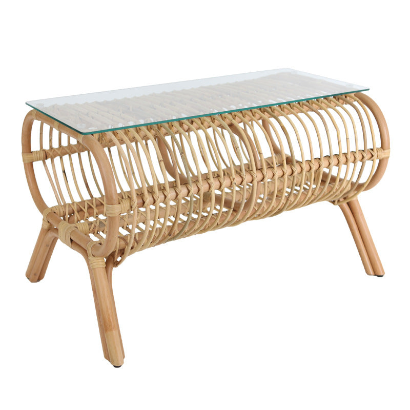 Traditional Japanese Bamboo Rattan Coffee Table With Glass Top - Elongated Profile Side Table For Living Room Lumendat