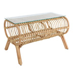 Traditional Japanese Bamboo Rattan Coffee Table With Glass Top - Elongated Profile Side Table For Living Room Lumendat