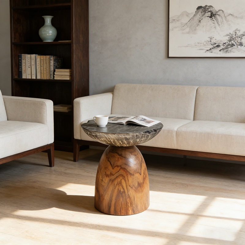 Traditional Bowl Shaped Top Coffee Table - Teak Wood Sculptural End Table For Living Room Lumendat