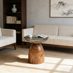 Traditional Bowl Shaped Top Coffee Table - Teak Wood Sculptural End Table For Living Room Lumendat