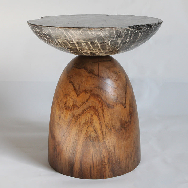 Traditional Bowl Shaped Top Coffee Table - Teak Wood Sculptural End Table For Living Room Lumendat