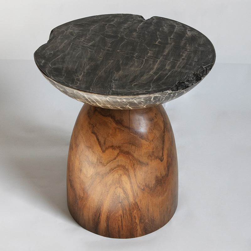Traditional Bowl Shaped Top Coffee Table - Teak Wood Sculptural End Table For Living Room Lumendat