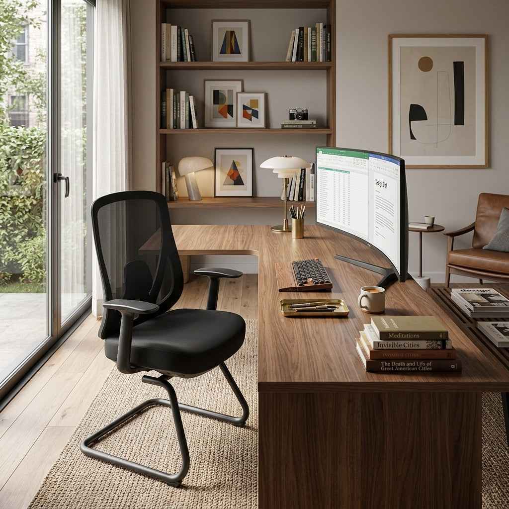Sleek Minimalist Bow Reception Chair - Breathable Mesh Pressure-Relief Cushion High-Resilience Sponge Desk Chair For Home Office Lumendat