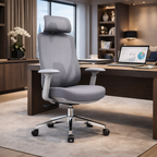 Modern Minimalist Grey High-Back Mesh Executive Chair - 4D Adjustable Headrest & Tilt Ergonomic Office Chair For Home Office Lumendat
