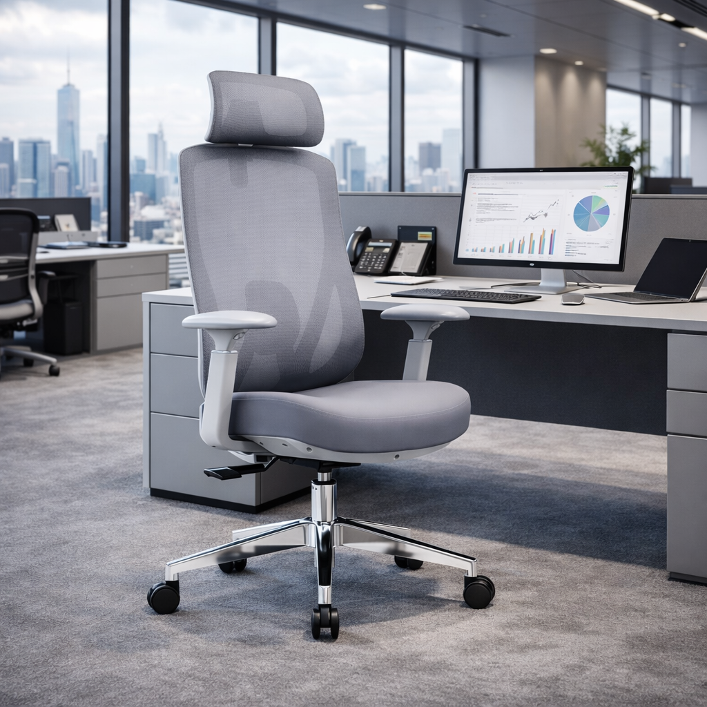 Modern Minimalist Grey High-Back Mesh Executive Chair - 4D Adjustable Headrest & Tilt Ergonomic Office Chair For Home Office Lumendat