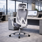 Modern Minimalist Grey High-Back Mesh Executive Chair - 4D Adjustable Headrest & Tilt Ergonomic Office Chair For Home Office Lumendat