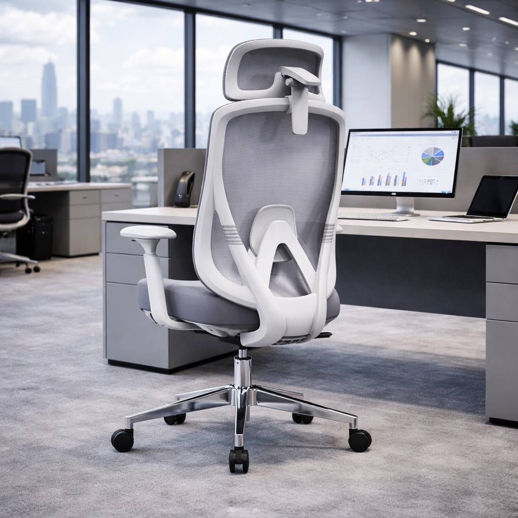 Modern Minimalist Grey High-Back Mesh Executive Chair - 4D Adjustable Headrest & Tilt Ergonomic Office Chair For Home Office Lumendat