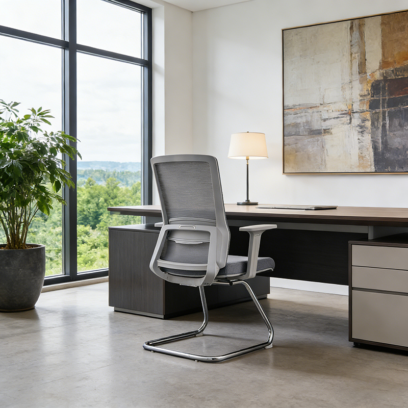 Modern Gray Ergonomic Mesh Visitor Chair With Lumbar Support - Heavy-Duty Cantilever Desk Chair With Electroplated Steel Frame For Home Office Lumendat