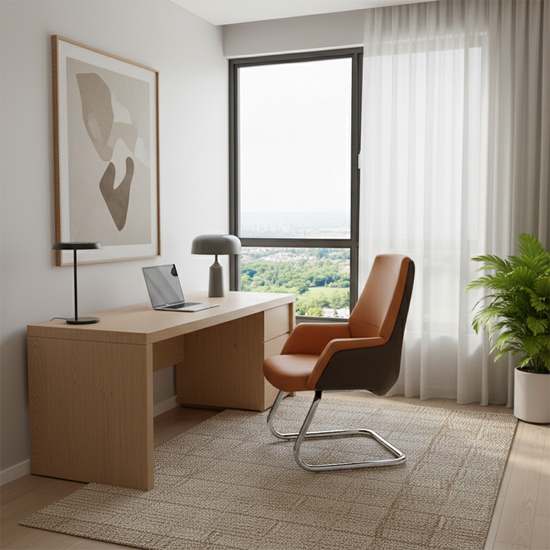 Modern Executive Two-Tone PU Leather Desk Chair - Warm Brown Cantilever Office Chair With Ergonomic Headrest & Chrome Base For Home Office Lumendat