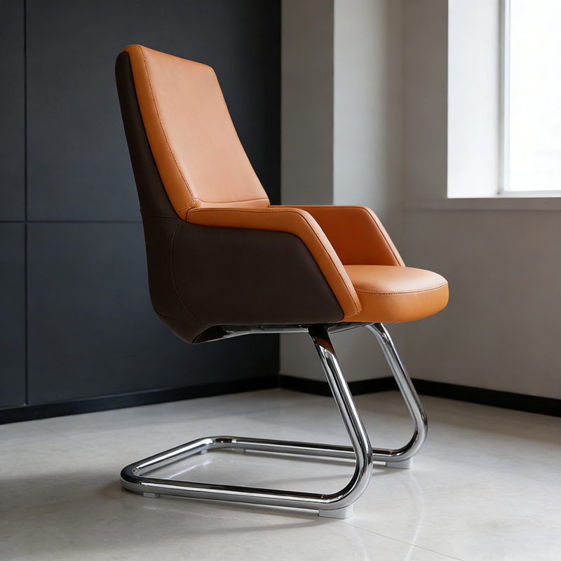 Modern Executive Two-Tone PU Leather Desk Chair - Warm Brown Cantilever Office Chair With Ergonomic Headrest & Chrome Base For Home Office Lumendat