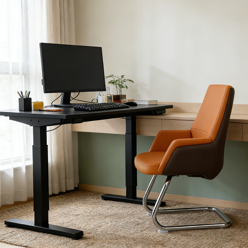 Modern Executive Two-Tone PU Leather Desk Chair - Warm Brown Cantilever Office Chair With Ergonomic Headrest & Chrome Base For Home Office Lumendat