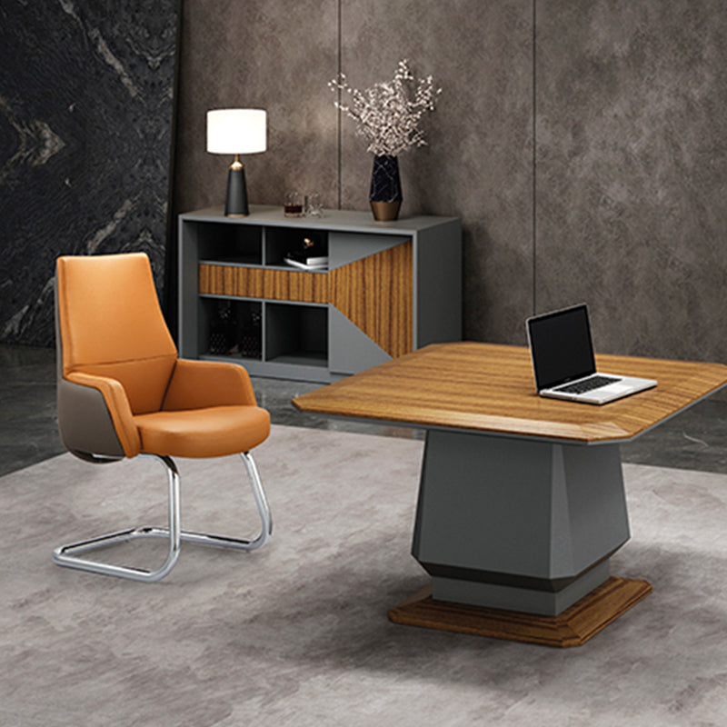 Modern Executive Two-Tone PU Leather Desk Chair - Warm Brown Cantilever Office Chair With Ergonomic Headrest & Chrome Base For Home Office Lumendat