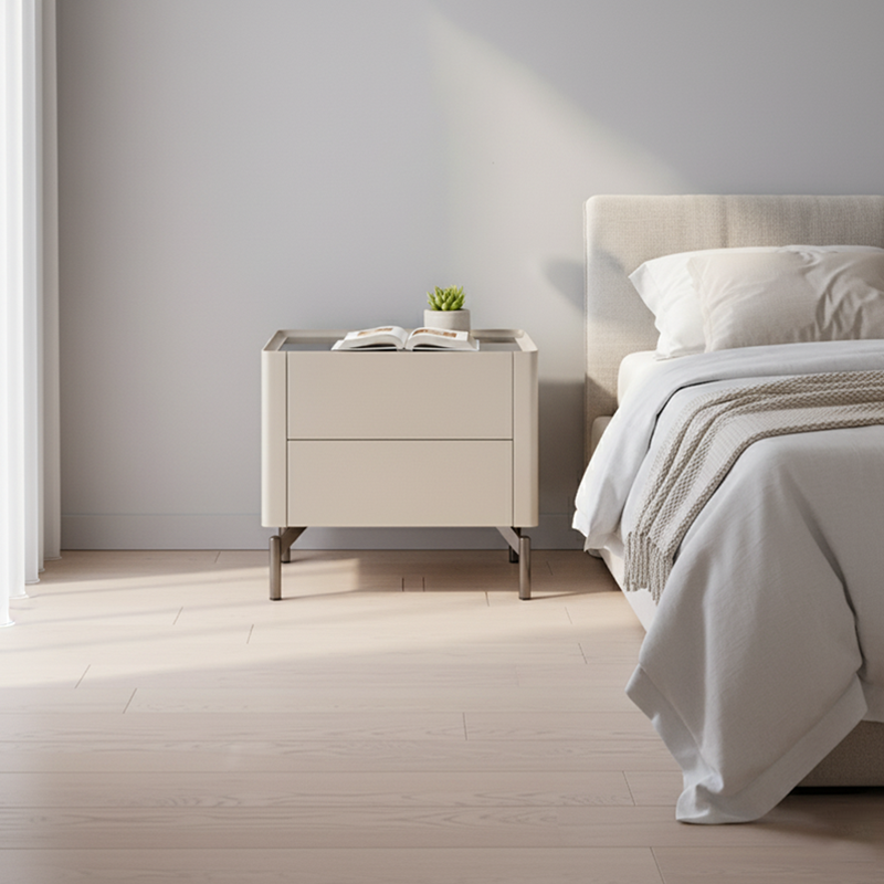 Eco-Conscious Minimalist Nightstand - Rust-Resistant Stainless Steel Base & Smooth 2-Drawer Bedside Table For Bedroom & Living Room Lumendat