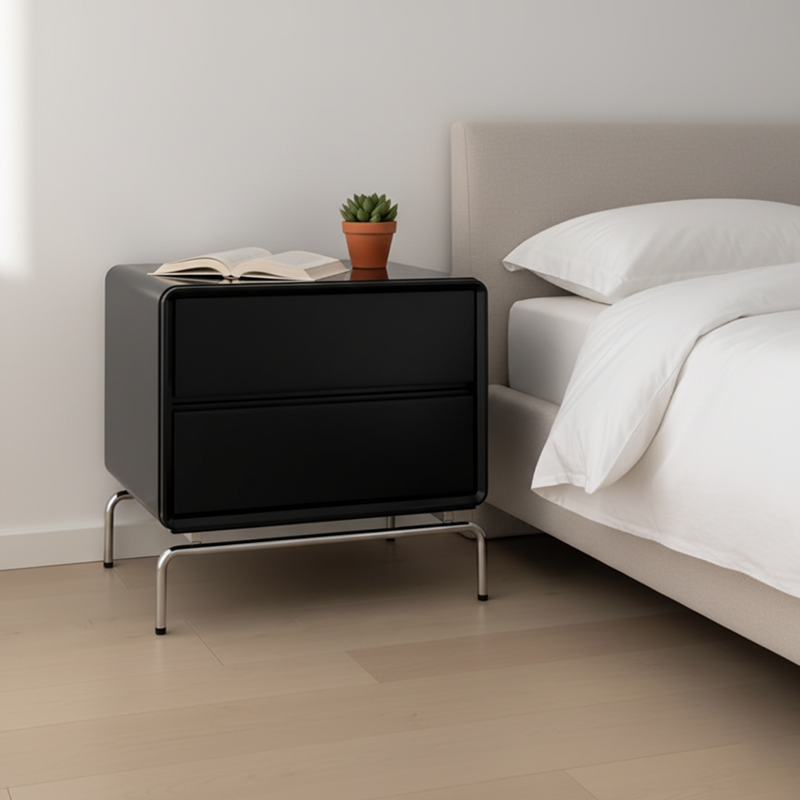 Nordic Rectangular Design Nightstand - E1 Eco-Friendly MDF & Stable Stainless Steel Base Bedside Table 2-Drawer For Bedroom Lumendat