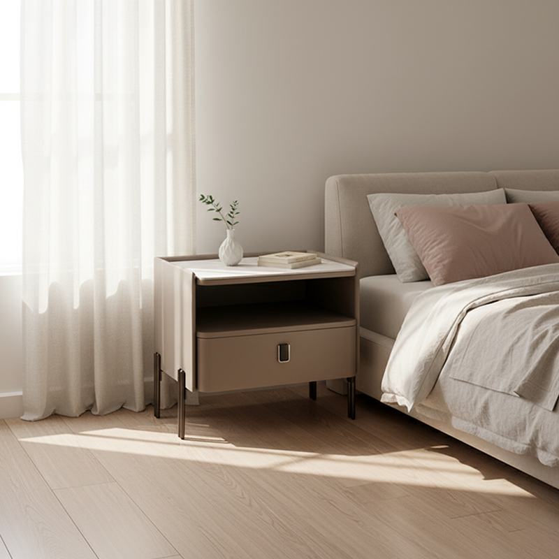 Traditional French-Style Nightstand - Eco-Friendly MDF & Durable Rock Slab Bedside Table 1-Drawer For Bedroom & Living Room Lumendat