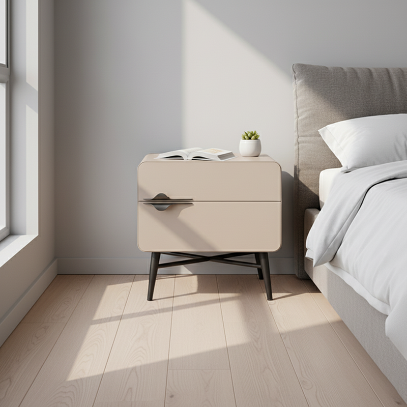 Soft-Hued Nordic Nightstand - Baking Paint Finish Integrated Metal Handle Bedside Table 2-Drawer For Bedroom Lumendat