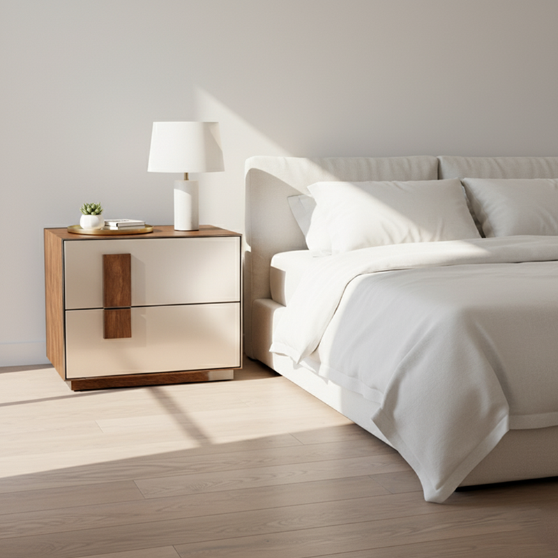 Contrast-Tone Vintage Nightstand - Wear-Resistant Wood Veneer Bedside Table 2-Drawer For Bedroom Lumendat