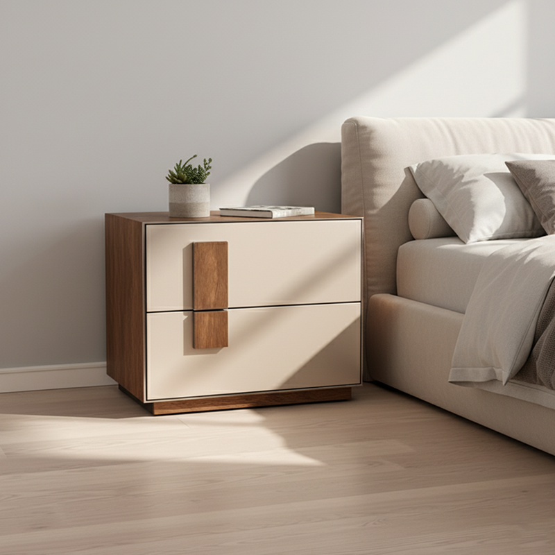 Contrast-Tone Vintage Nightstand - Wear-Resistant Wood Veneer Bedside Table 2-Drawer For Bedroom Lumendat